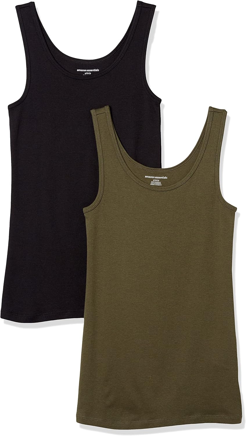Amazon Essentials Women's Slim-Fit Ribbed Scoop Neck Tank Tops, Pack of 2