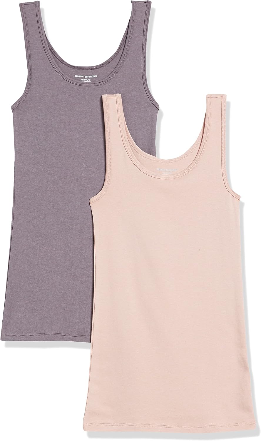 Amazon Essentials Women's Slim-Fit Ribbed Scoop Neck Tank Tops, Pack of 2