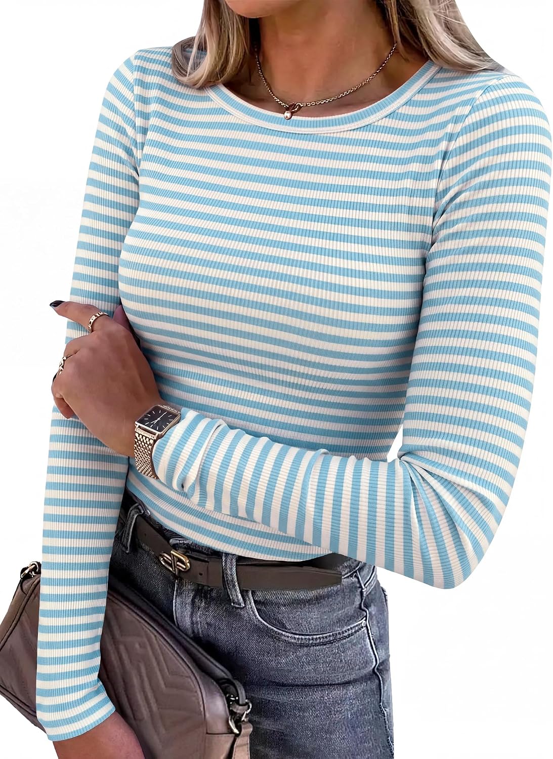 ANRABESS Women Long Sleeve Shirts Ribbed Fitted Tops