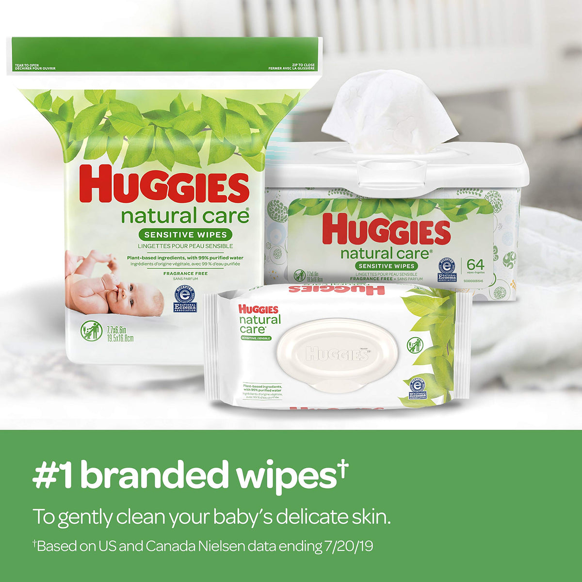 Huggies Natural Care Sensitive Baby Wipes, Unscented, Hypoallergenic, 99% Purified Water, 12 Flip-Top Packs (768 Wipes Total), Packaging May Vary